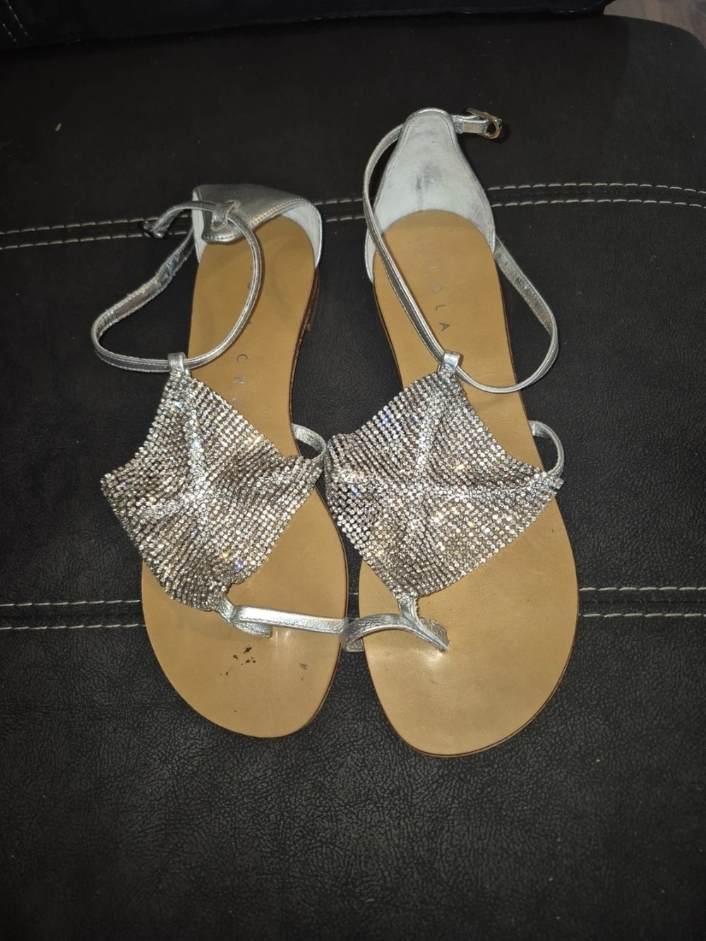 Crystal-Embellished Silver Flat Sandals with Ankle Strap